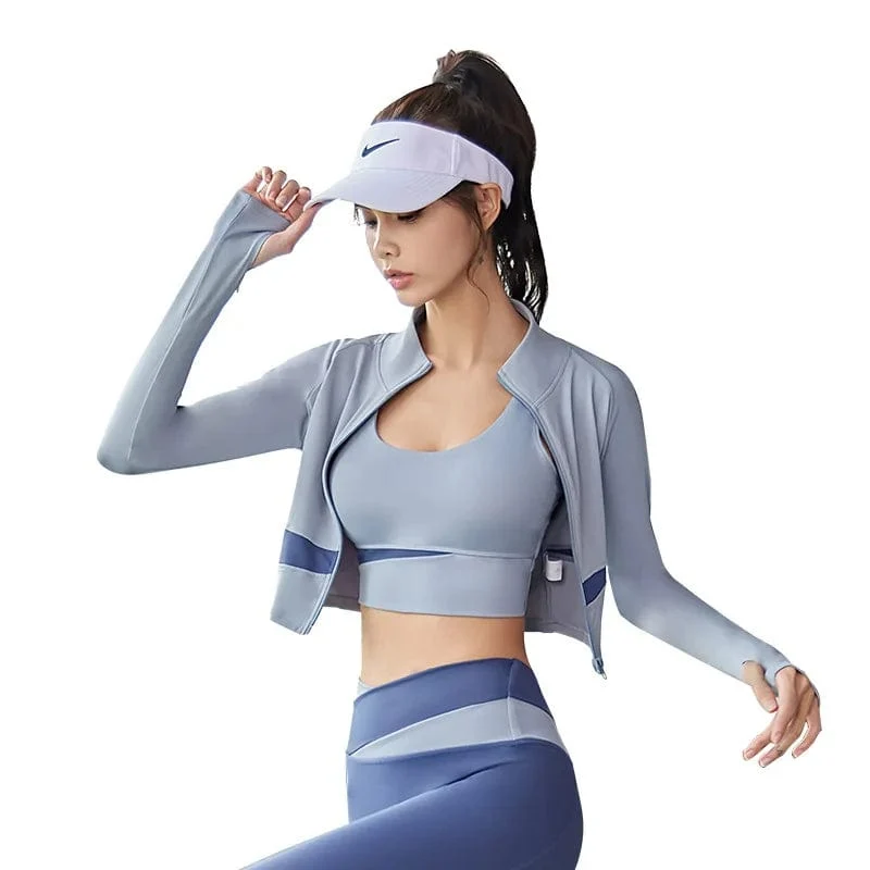 Frauen Yoga Patchwork 3 Stück Set Fitness Gym Mäntel + Bh + Leggings Training Läuft Sportswear Kleidung Trainingsanzug Ensemble Femme