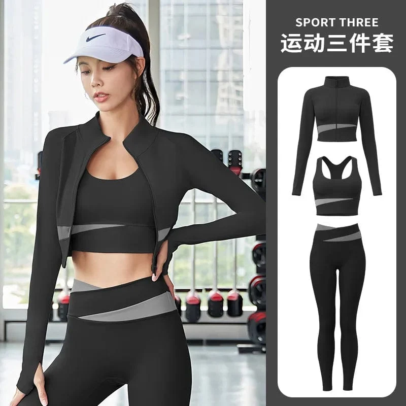 Frauen Yoga Patchwork 3 Stück Set Fitness Gym Mäntel + Bh + Leggings Training Läuft Sportswear Kleidung Trainingsanzug Ensemble Femme