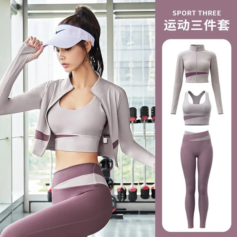 Frauen Yoga Patchwork 3 Stück Set Fitness Gym Mäntel + Bh + Leggings Training Läuft Sportswear Kleidung Trainingsanzug Ensemble Femme