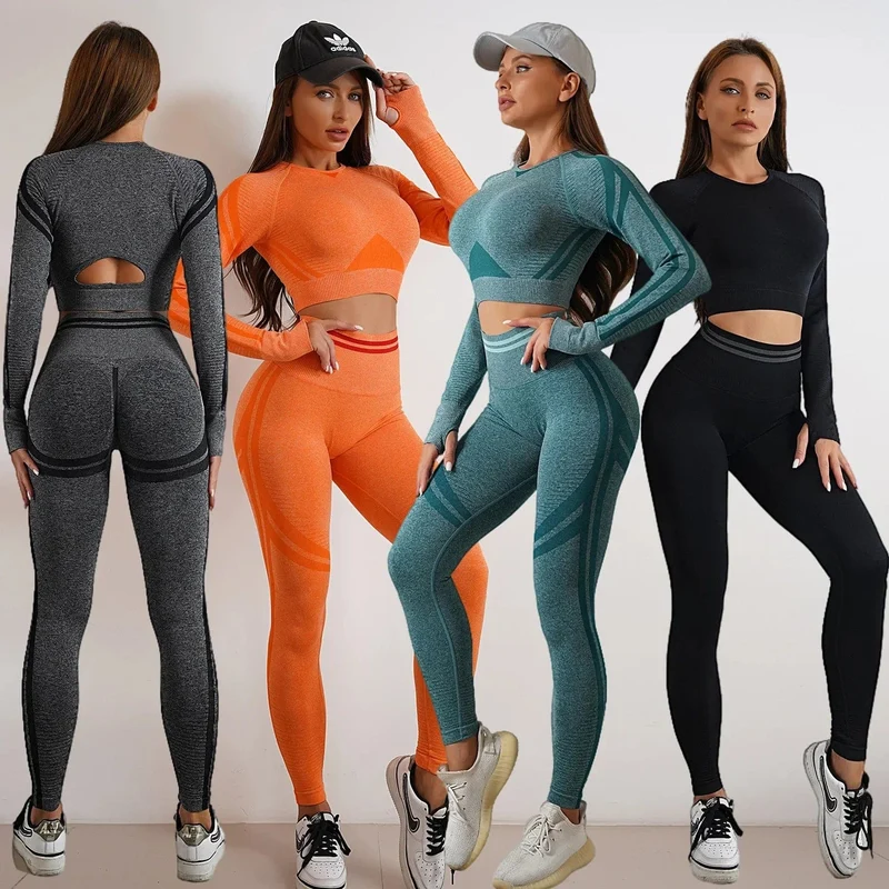 Nahtlose Yoga-Sets, Sport-Fitness, hohe Taille, Hüftheben, Hosen, langärmlig, rückenfrei, Trainingskleidung, Gym-Shorts-Set für Damen