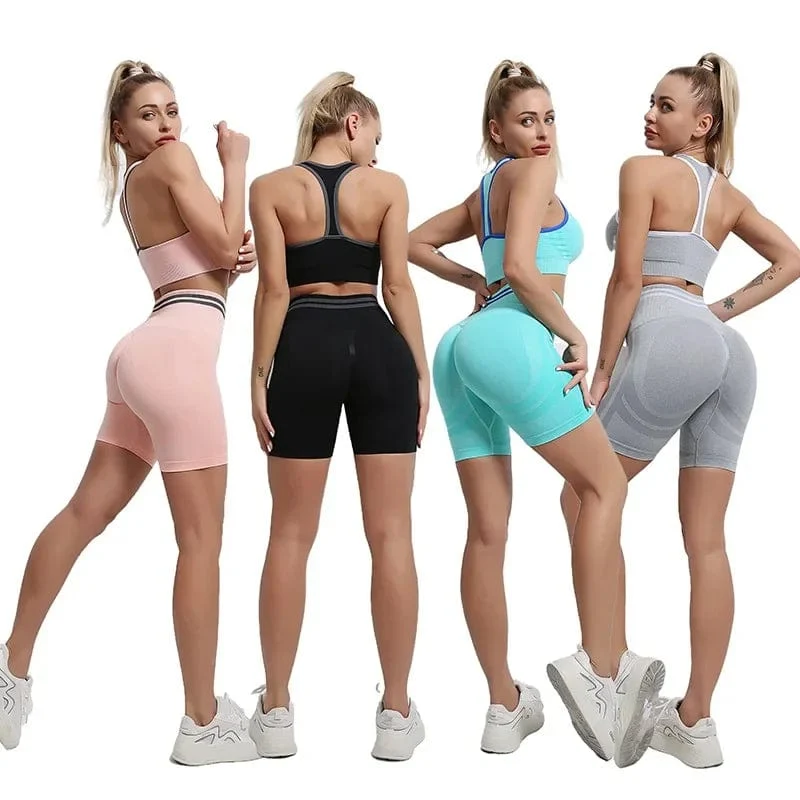 Nahtlose Yoga-Sets, Sport-Fitness, hohe Taille, Hüftheben, Hosen, langärmlig, rückenfrei, Trainingskleidung, Gym-Shorts-Set für Damen