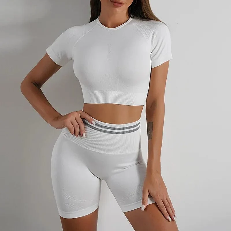 Nahtlose Yoga-Sets, Sport-Fitness, hohe Taille, Hüftheben, Hosen, langärmlig, rückenfrei, Trainingskleidung, Gym-Shorts-Set für Damen