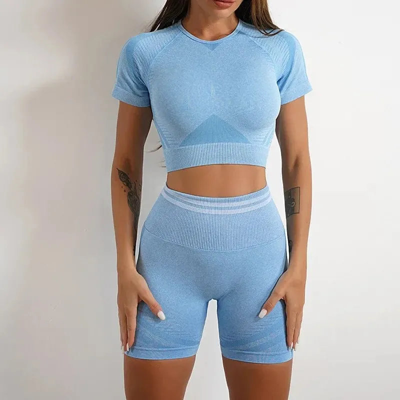 Nahtlose Yoga-Sets, Sport-Fitness, hohe Taille, Hüftheben, Hosen, langärmlig, rückenfrei, Trainingskleidung, Gym-Shorts-Set für Damen