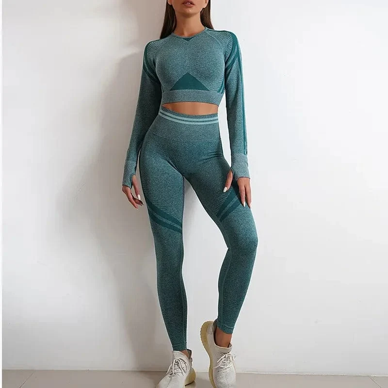 Nahtlose Yoga-Sets, Sport-Fitness, hohe Taille, Hüftheben, Hosen, langärmlig, rückenfrei, Trainingskleidung, Gym-Shorts-Set für Damen
