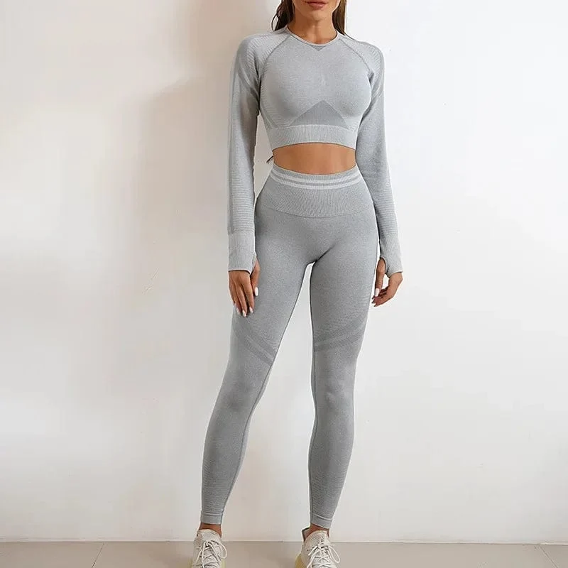 Nahtlose Yoga-Sets, Sport-Fitness, hohe Taille, Hüftheben, Hosen, langärmlig, rückenfrei, Trainingskleidung, Gym-Shorts-Set für Damen