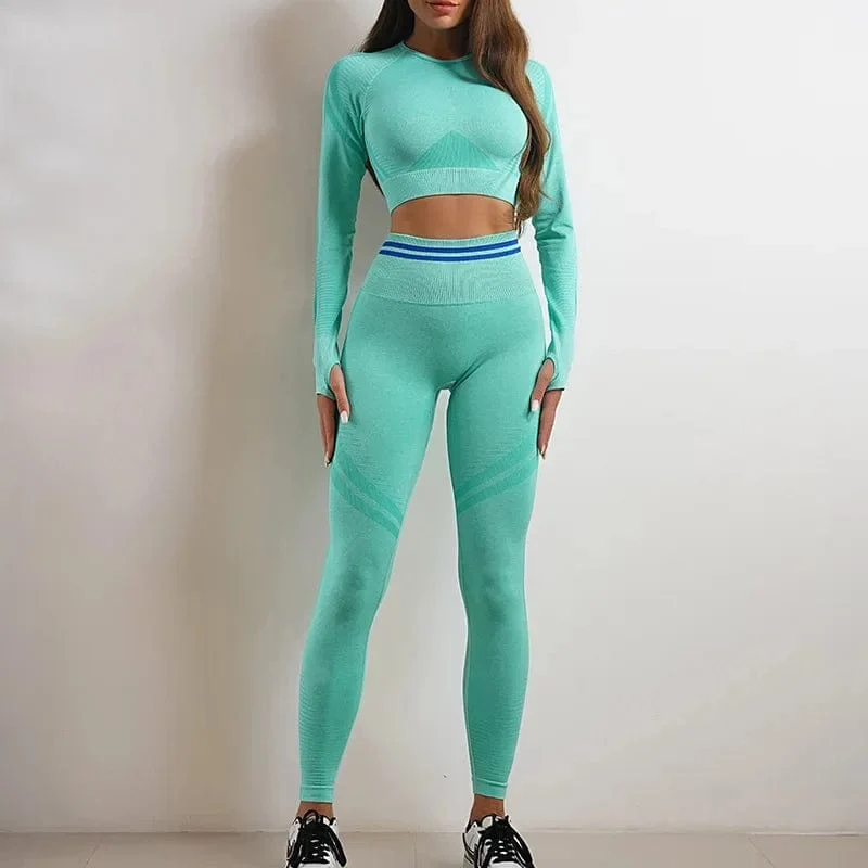 Nahtlose Yoga-Sets, Sport-Fitness, hohe Taille, Hüftheben, Hosen, langärmlig, rückenfrei, Trainingskleidung, Gym-Shorts-Set für Damen
