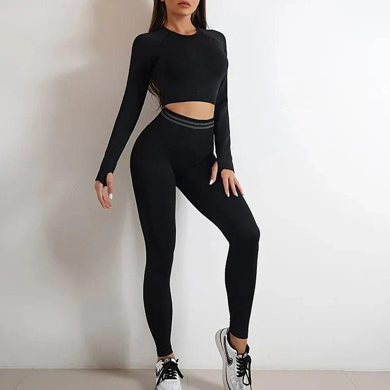 Nahtlose Yoga-Sets, Sport-Fitness, hohe Taille, Hüftheben, Hosen, langärmlig, rückenfrei, Trainingskleidung, Gym-Shorts-Set für Damen