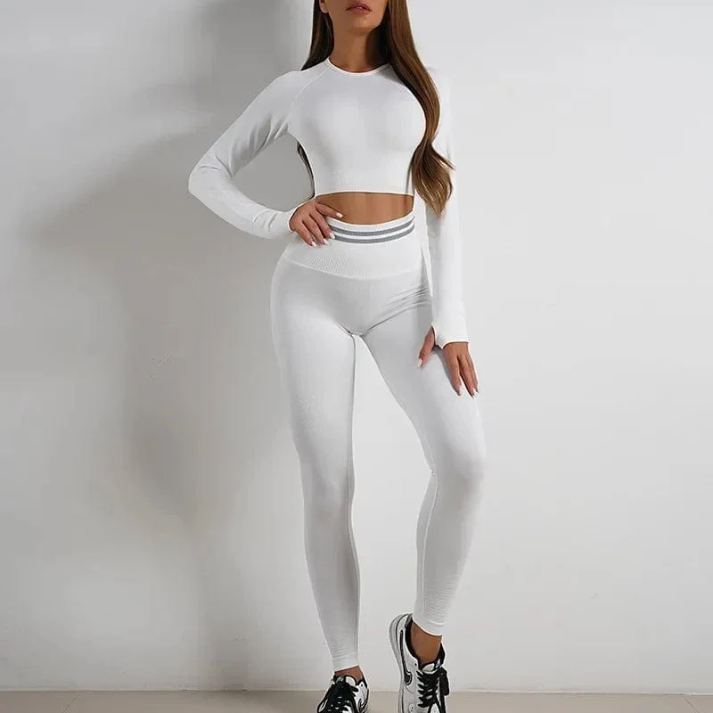 Nahtlose Yoga-Sets, Sport-Fitness, hohe Taille, Hüftheben, Hosen, langärmlig, rückenfrei, Trainingskleidung, Gym-Shorts-Set für Damen