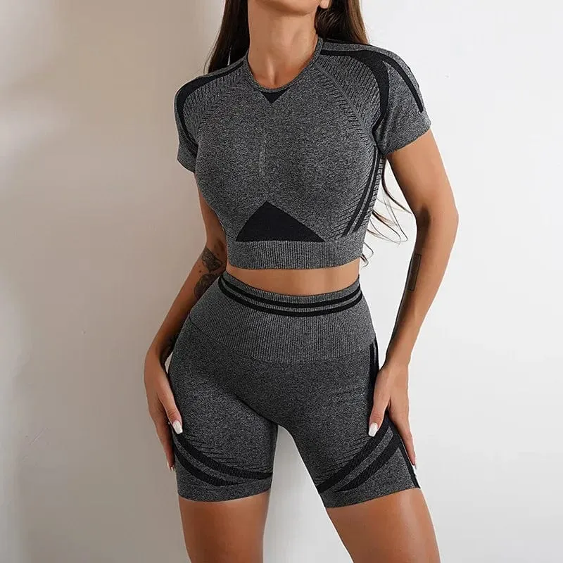 Nahtlose Yoga-Sets, Sport-Fitness, hohe Taille, Hüftheben, Hosen, langärmlig, rückenfrei, Trainingskleidung, Gym-Shorts-Set für Damen