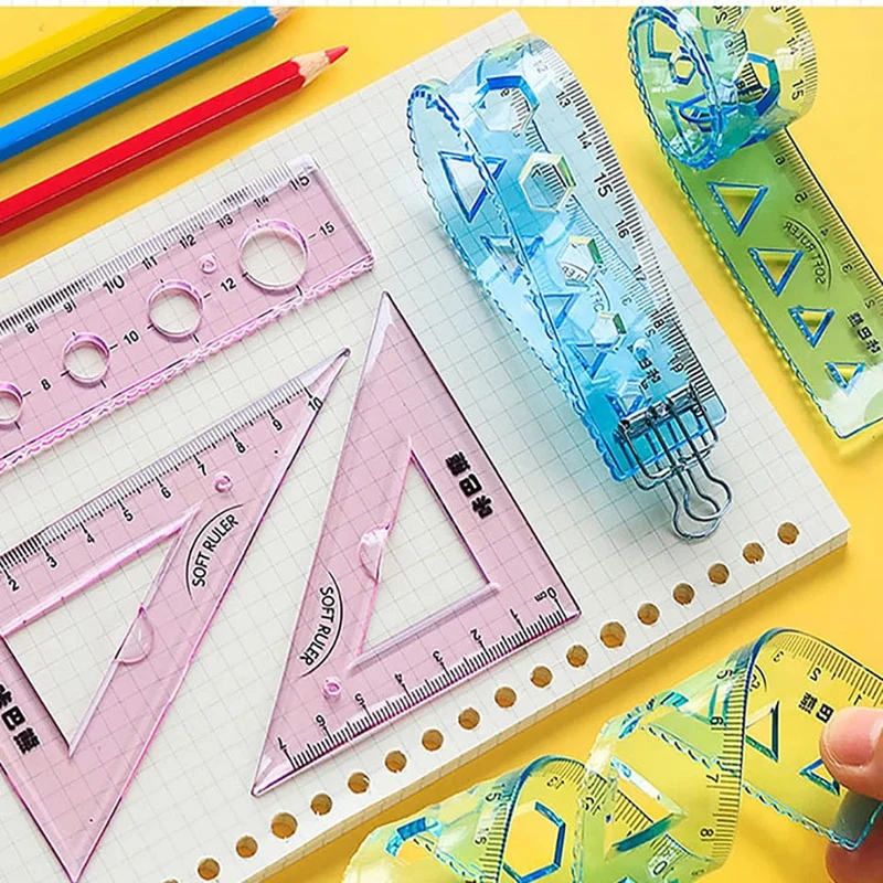 4-teiliges weiches Lineal-Set, kann Lineal biegen, kreatives Messwerkzeug, Kind, Schüler, Geometrie, Mathematik, Zeichnen, Schreibwaren, Schule, Bürobedarf