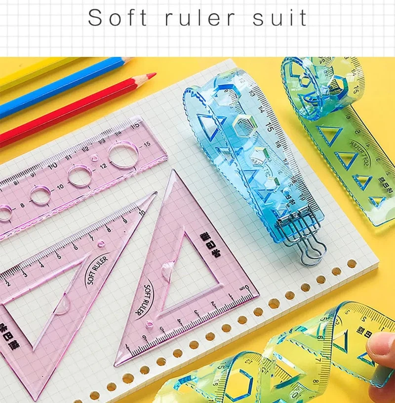 4-teiliges weiches Lineal-Set, kann Lineal biegen, kreatives Messwerkzeug, Kind, Schüler, Geometrie, Mathematik, Zeichnen, Schreibwaren, Schule, Bürobedarf