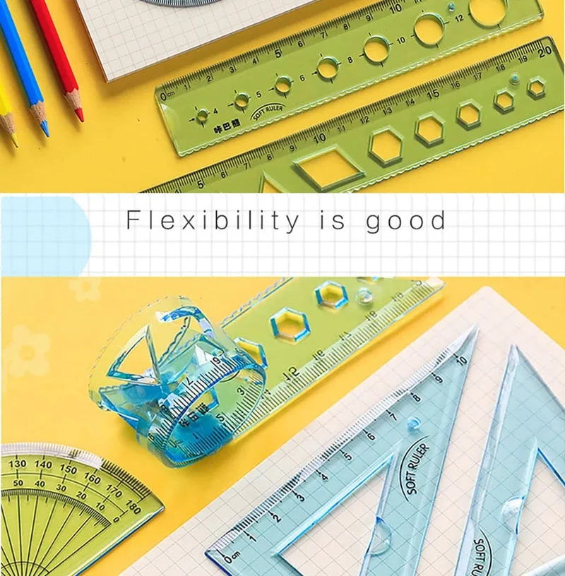 4-teiliges weiches Lineal-Set, kann Lineal biegen, kreatives Messwerkzeug, Kind, Schüler, Geometrie, Mathematik, Zeichnen, Schreibwaren, Schule, Bürobedarf