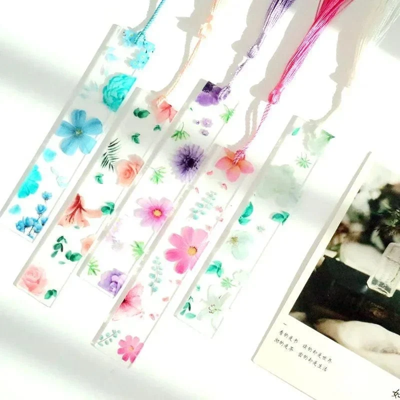 Hübsches Blumen-Lesezeichen aus Acryl mit Quasten, 14 cm, Lineal, Lesezeichen, für Schüler, Lehrer, Schreibwaren, Schule/Bürobedarf