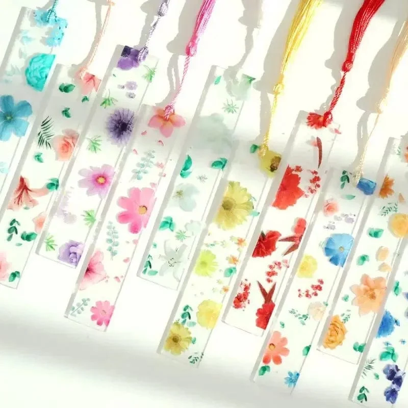 Hübsches Blumen-Lesezeichen aus Acryl mit Quasten, 14 cm, Lineal, Lesezeichen, für Schüler, Lehrer, Schreibwaren, Schule/Bürobedarf