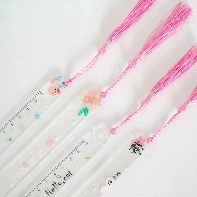Hübsches Blumen-Lesezeichen aus Acryl mit Quasten, 14 cm, Lineal, Lesezeichen, für Schüler, Lehrer, Schreibwaren, Schule/Bürobedarf