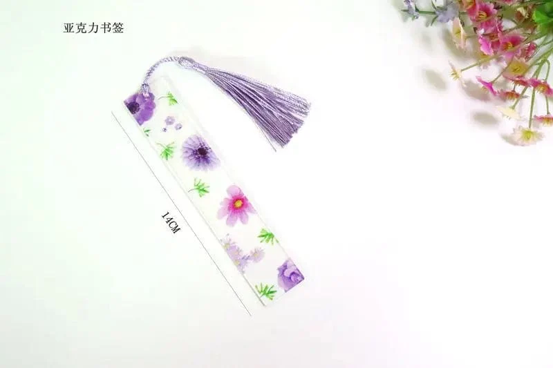 Hübsches Blumen-Lesezeichen aus Acryl mit Quasten, 14 cm, Lineal, Lesezeichen, für Schüler, Lehrer, Schreibwaren, Schule/Bürobedarf