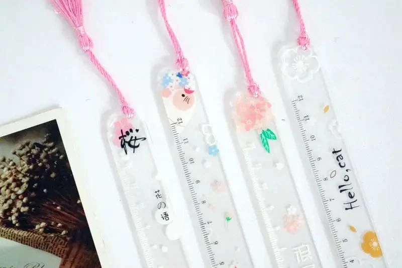 Hübsches Blumen-Lesezeichen aus Acryl mit Quasten, 14 cm, Lineal, Lesezeichen, für Schüler, Lehrer, Schreibwaren, Schule/Bürobedarf