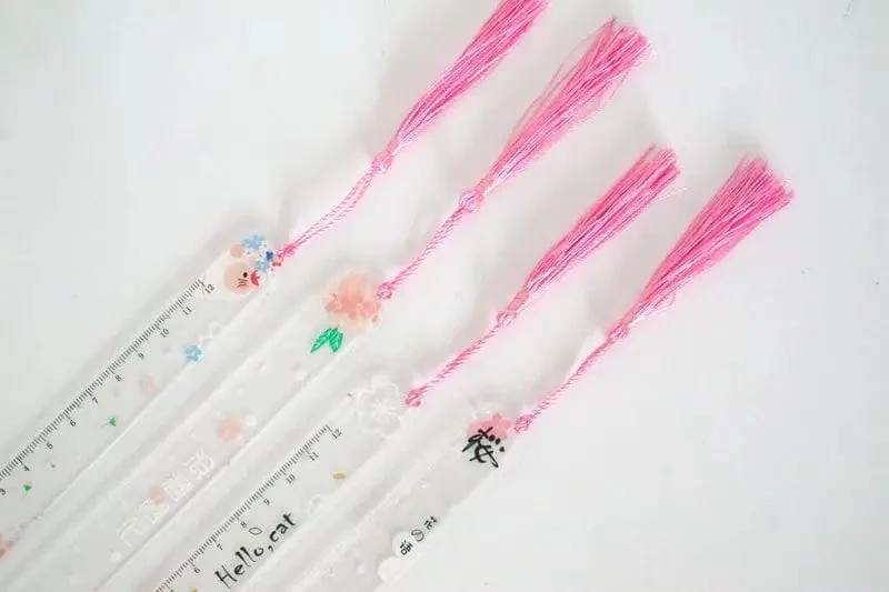 Hübsches Blumen-Lesezeichen aus Acryl mit Quasten, 14 cm, Lineal, Lesezeichen, für Schüler, Lehrer, Schreibwaren, Schule/Bürobedarf