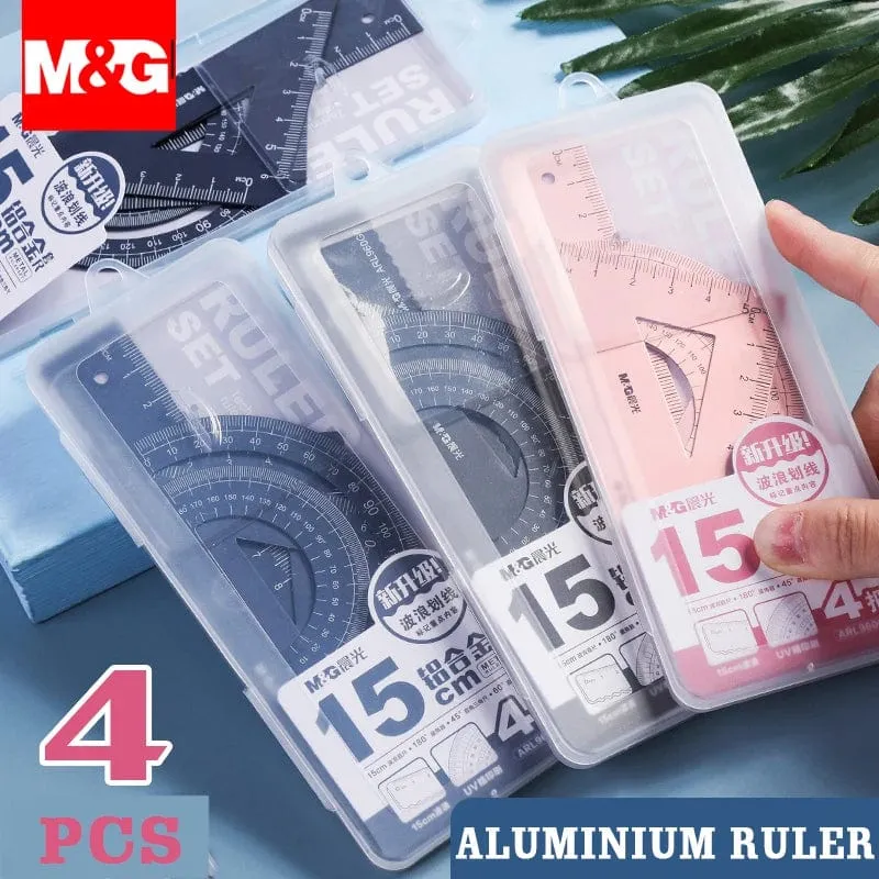 4 Teile/satz M & G Aluminium Lineal Set Mathematik Zeichnung Metall Lineal Schreibwaren Lineale Mathematische für Schule