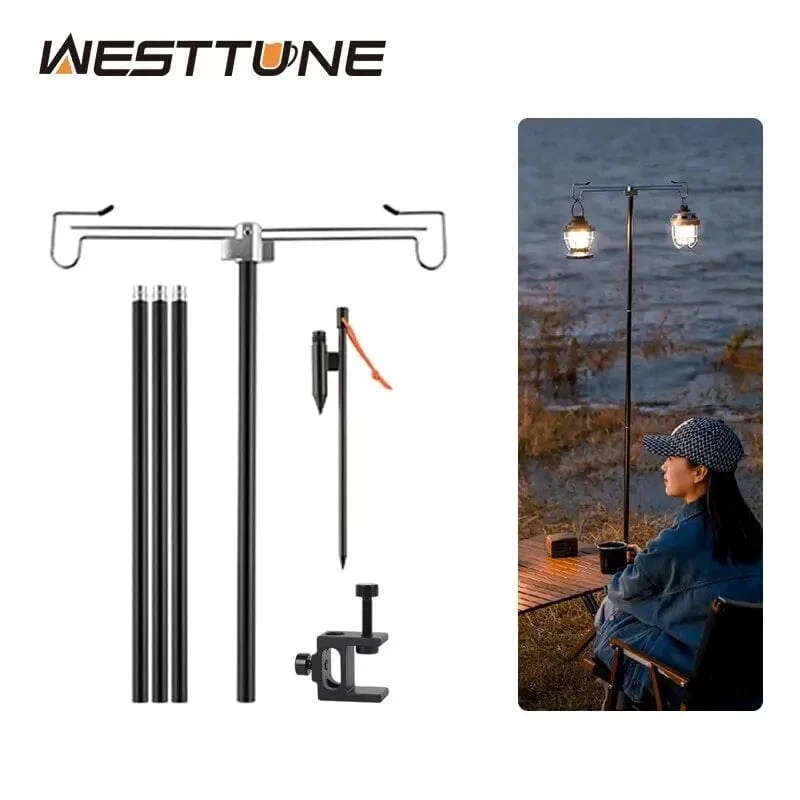 WESTTUNE Camping-Lampenständer mit Doppelhaken, faltbarer Lampenmast aus Aluminiumlegierung, teleskopischer Lampenhalter für den Außenbereich, Lampenaufhänger