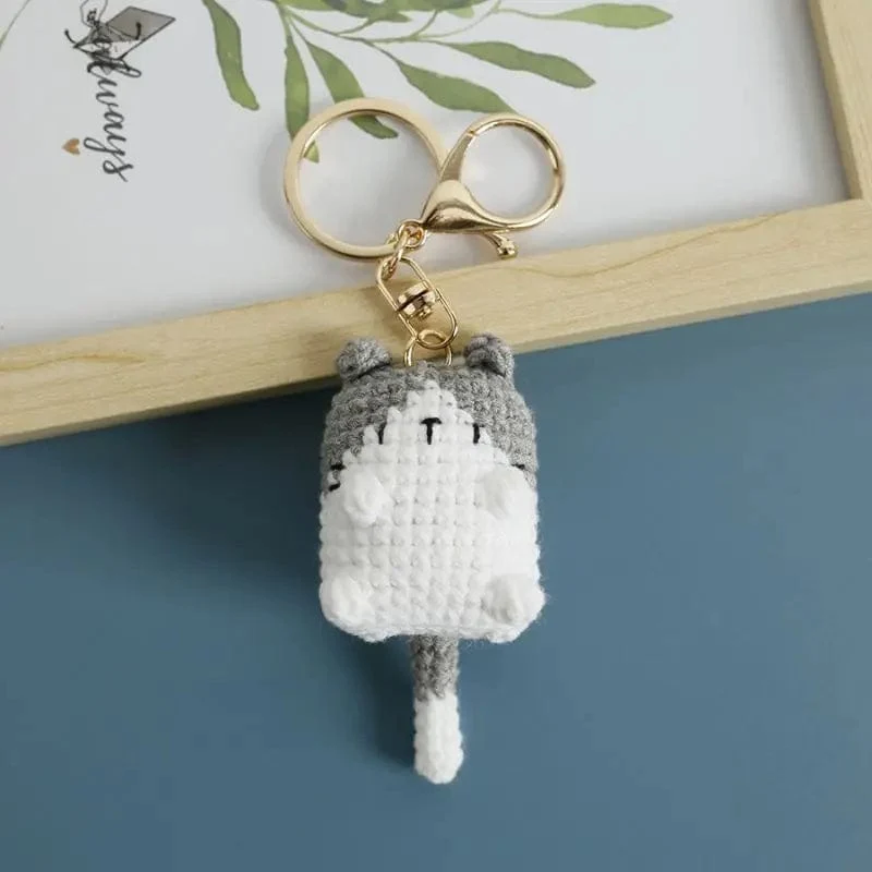 Süße Katze Häkeln Schlüsselanhänger Stricken Cartoon Katze Puppe Schlüsselanhänger für Autoschlüssel Kawaii Kleine Katze Gestrickte Schlüsselanhänger Für Tasche Anhänger Neu