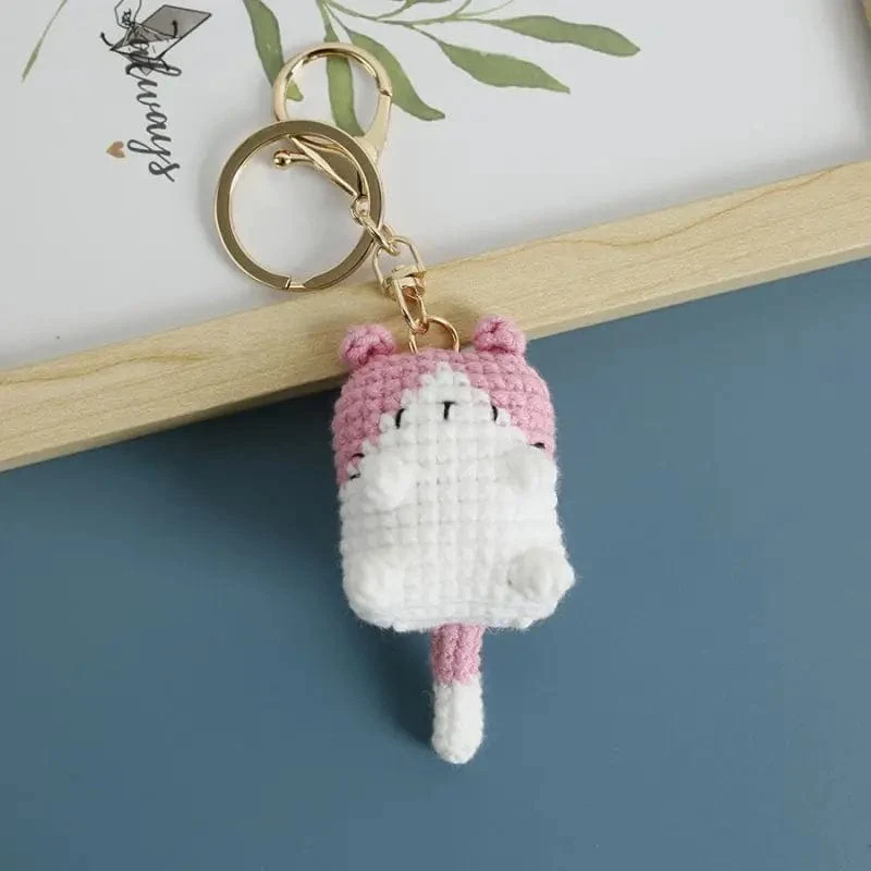 Süße Katze Häkeln Schlüsselanhänger Stricken Cartoon Katze Puppe Schlüsselanhänger für Autoschlüssel Kawaii Kleine Katze Gestrickte Schlüsselanhänger Für Tasche Anhänger Neu