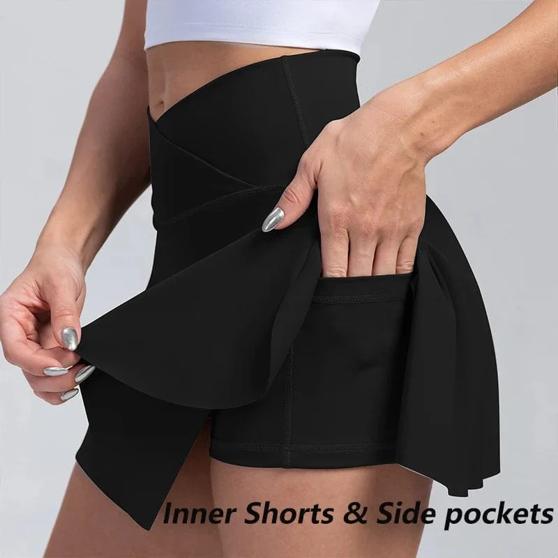 Plissierter Tennisrock für Damen mit Taschen, Shorts, Sportröcke, Crossover, hoch tailliert, sportlicher Golf-Skort, Workout-Sportröcke