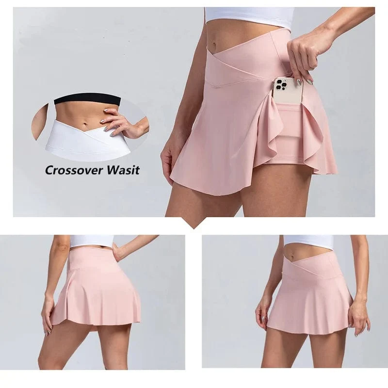 Plissierter Tennisrock für Damen mit Taschen, Shorts, Sportröcke, Crossover, hoch tailliert, sportlicher Golf-Skort, Workout-Sportröcke