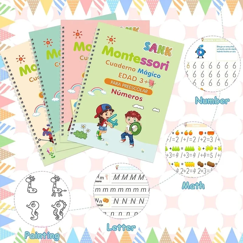 4 bücher Magisches Schreibheft in spanischer Kalligraphie-Notizbuch Montessori, wiederverwendbar, pädagogisches Kalligraphie-Schreiben, Übung