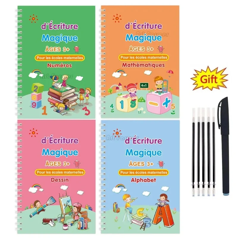 4 bücher Magisches Schreibheft in spanischer Kalligraphie-Notizbuch Montessori, wiederverwendbar, pädagogisches Kalligraphie-Schreiben, Übung