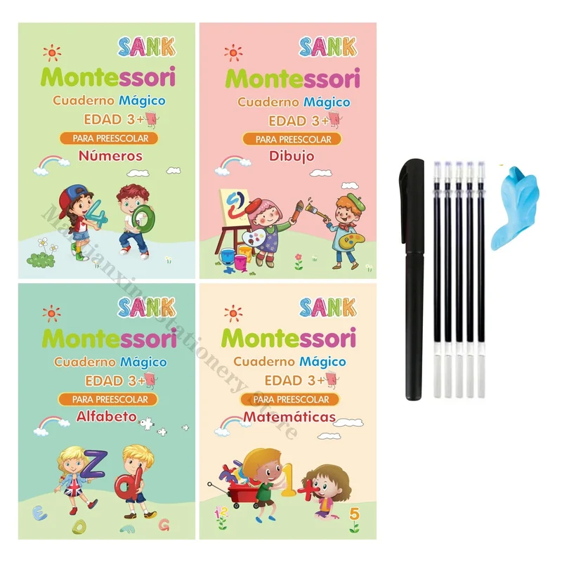 4 bücher Magisches Schreibheft in spanischer Kalligraphie-Notizbuch Montessori, wiederverwendbar, pädagogisches Kalligraphie-Schreiben, Übung