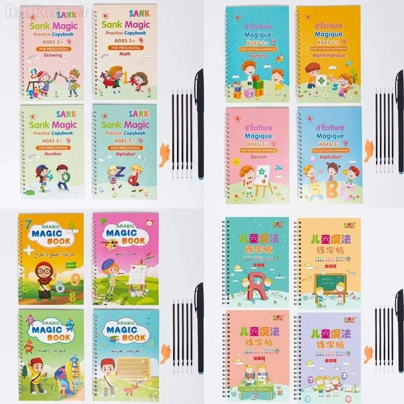 4 bücher Magisches Schreibheft in spanischer Kalligraphie-Notizbuch Montessori, wiederverwendbar, pädagogisches Kalligraphie-Schreiben, Übung