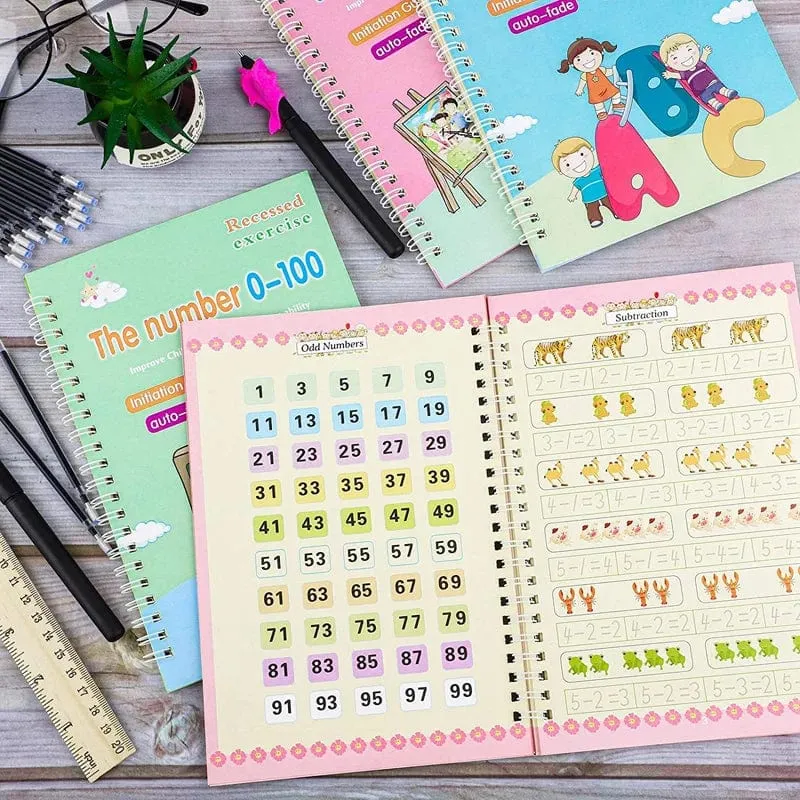 4 bücher Magisches Schreibheft in spanischer Kalligraphie-Notizbuch Montessori, wiederverwendbar, pädagogisches Kalligraphie-Schreiben, Übung