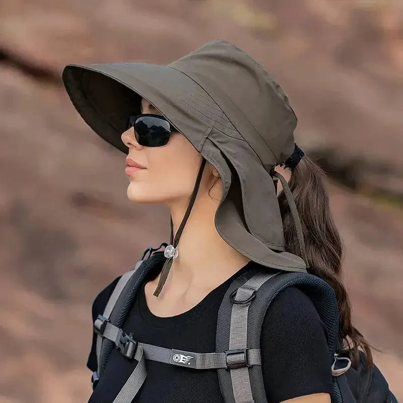 Sommerhüte für Damen, UV-Schutz für den Nacken, Sonnenblenden für Damen, Angeln, Wandern, breite Krempe, Schal, Sonnenschutz, Pferdeschwanz-Kappe