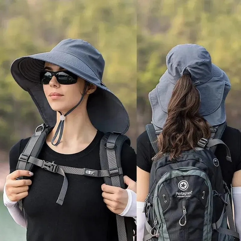 Sommerhüte für Damen, UV-Schutz für den Nacken, Sonnenblenden für Damen, Angeln, Wandern, breite Krempe, Schal, Sonnenschutz, Pferdeschwanz-Kappe