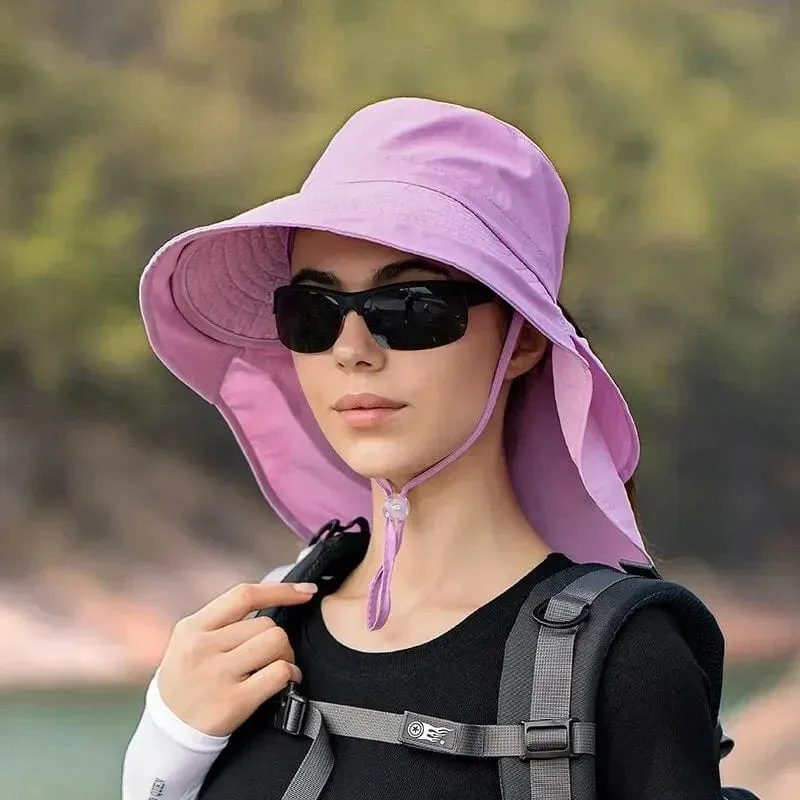 Sommerhüte für Damen, UV-Schutz für den Nacken, Sonnenblenden für Damen, Angeln, Wandern, breite Krempe, Schal, Sonnenschutz, Pferdeschwanz-Kappe