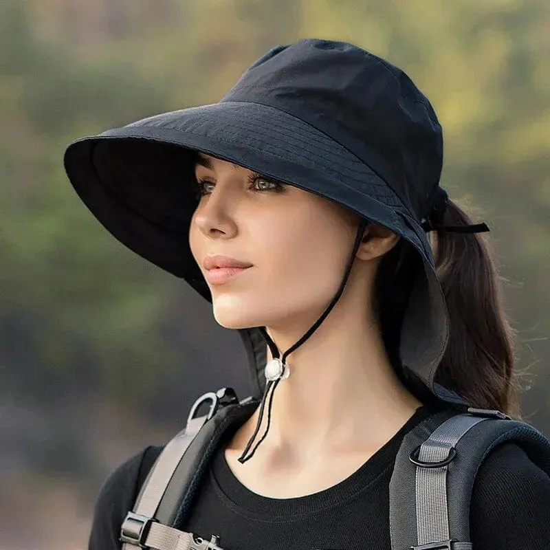 Sommerhüte für Damen, UV-Schutz für den Nacken, Sonnenblenden für Damen, Angeln, Wandern, breite Krempe, Schal, Sonnenschutz, Pferdeschwanz-Kappe