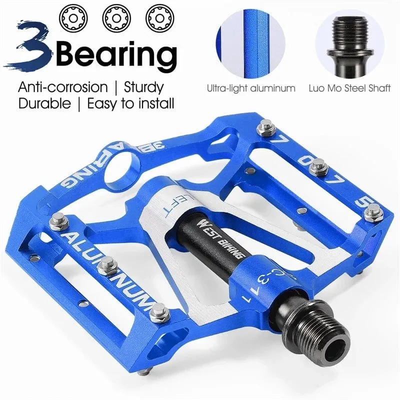 WEST BIKING Fahrradpedale 3 Lager Rutschfeste MTB-Pedale aus Aluminiumlegierung, flach, anwendbar, wasserdicht, Fahrradzubehör