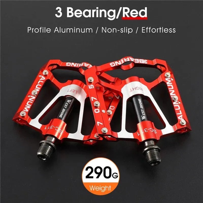 WEST BIKING Fahrradpedale 3 Lager Rutschfeste MTB-Pedale aus Aluminiumlegierung, flach, anwendbar, wasserdicht, Fahrradzubehör