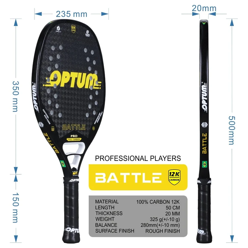 OPTUM BATTLE 12K Carbonfaser-Strandtennisschläger mit rauer Oberfläche und Schutzhülle