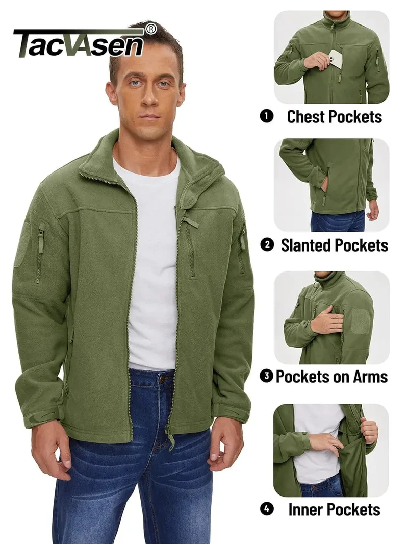 TACVASEN Full Zip Wanderjacken Herren Outdoor Camping Fleecejacke Mäntel mit Reißverschlusstaschen Taktische Arbeitskleidung Mantel