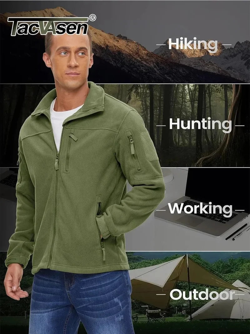 TACVASEN Full Zip Wanderjacken Herren Outdoor Camping Fleecejacke Mäntel mit Reißverschlusstaschen Taktische Arbeitskleidung Mantel