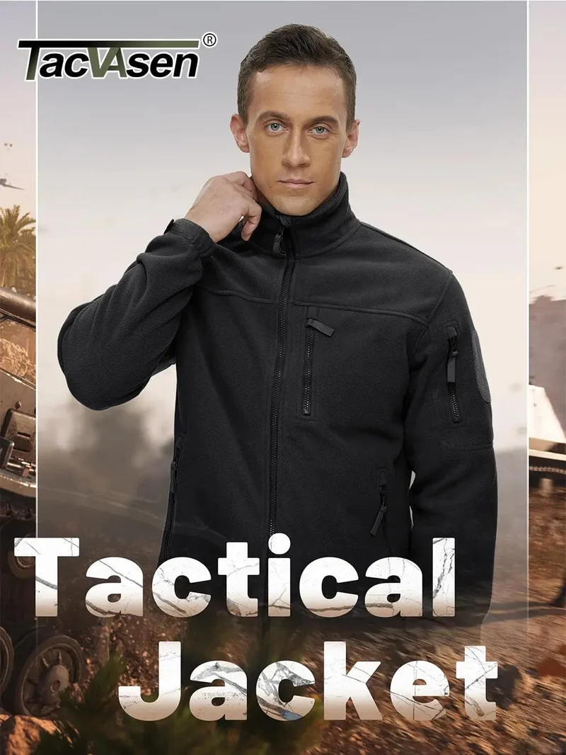 TACVASEN Full Zip Wanderjacken Herren Outdoor Camping Fleecejacke Mäntel mit Reißverschlusstaschen Taktische Arbeitskleidung Mantel