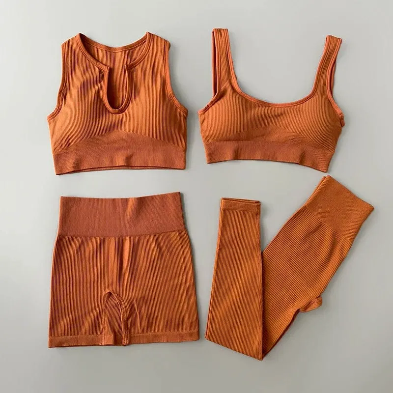 Nahtloses Yoga-Set, gerippt, Workout-Outfits für Damen, 2/4-teilig, Sport-BH, Shorts mit hoher Taille, Yoga-Leggings-Sets, Fitness-Studio-Kleidung