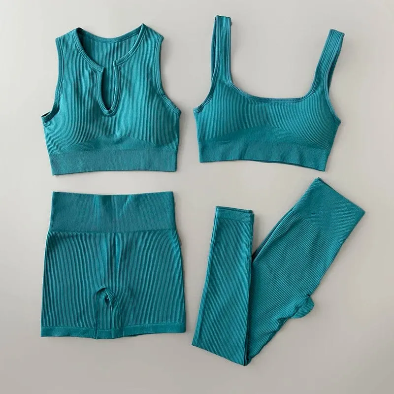 Nahtloses Yoga-Set, gerippt, Workout-Outfits für Damen, 2/4-teilig, Sport-BH, Shorts mit hoher Taille, Yoga-Leggings-Sets, Fitness-Studio-Kleidung