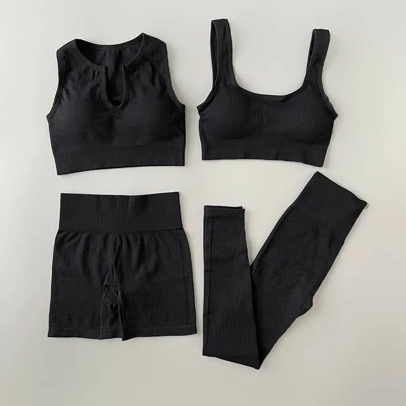 Nahtloses Yoga-Set, gerippt, Workout-Outfits für Damen, 2/4-teilig, Sport-BH, Shorts mit hoher Taille, Yoga-Leggings-Sets, Fitness-Studio-Kleidung