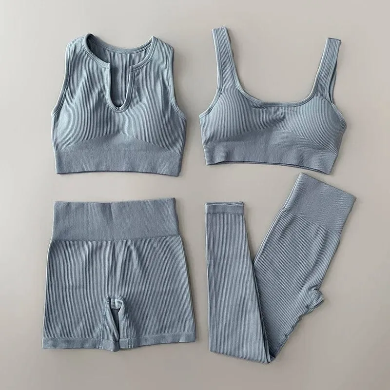 Nahtloses Yoga-Set, gerippt, Workout-Outfits für Damen, 2/4-teilig, Sport-BH, Shorts mit hoher Taille, Yoga-Leggings-Sets, Fitness-Studio-Kleidung