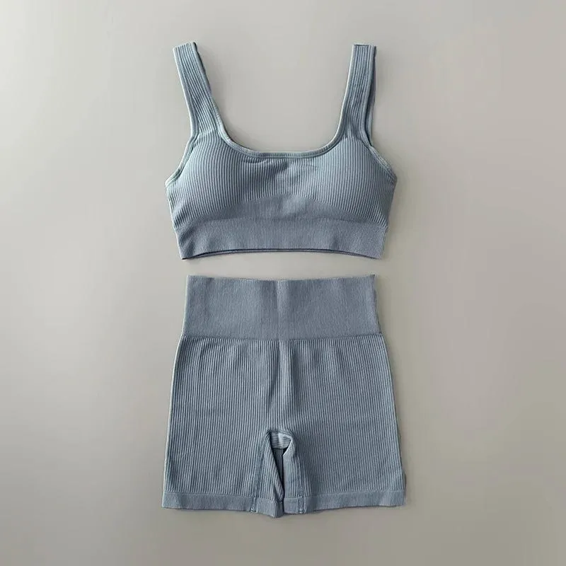 Nahtloses Yoga-Set, gerippt, Workout-Outfits für Damen, 2/4-teilig, Sport-BH, Shorts mit hoher Taille, Yoga-Leggings-Sets, Fitness-Studio-Kleidung