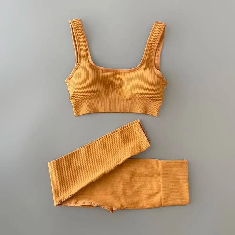 Nahtloses Yoga-Set, gerippt, Workout-Outfits für Damen, 2/4-teilig, Sport-BH, Shorts mit hoher Taille, Yoga-Leggings-Sets, Fitness-Studio-Kleidung