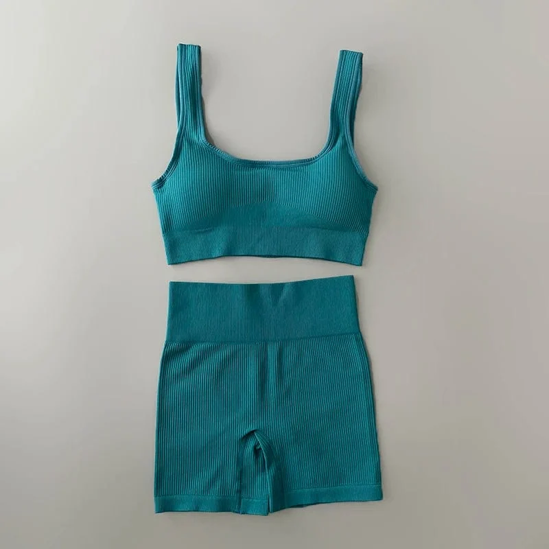 Nahtloses Yoga-Set, gerippt, Workout-Outfits für Damen, 2/4-teilig, Sport-BH, Shorts mit hoher Taille, Yoga-Leggings-Sets, Fitness-Studio-Kleidung